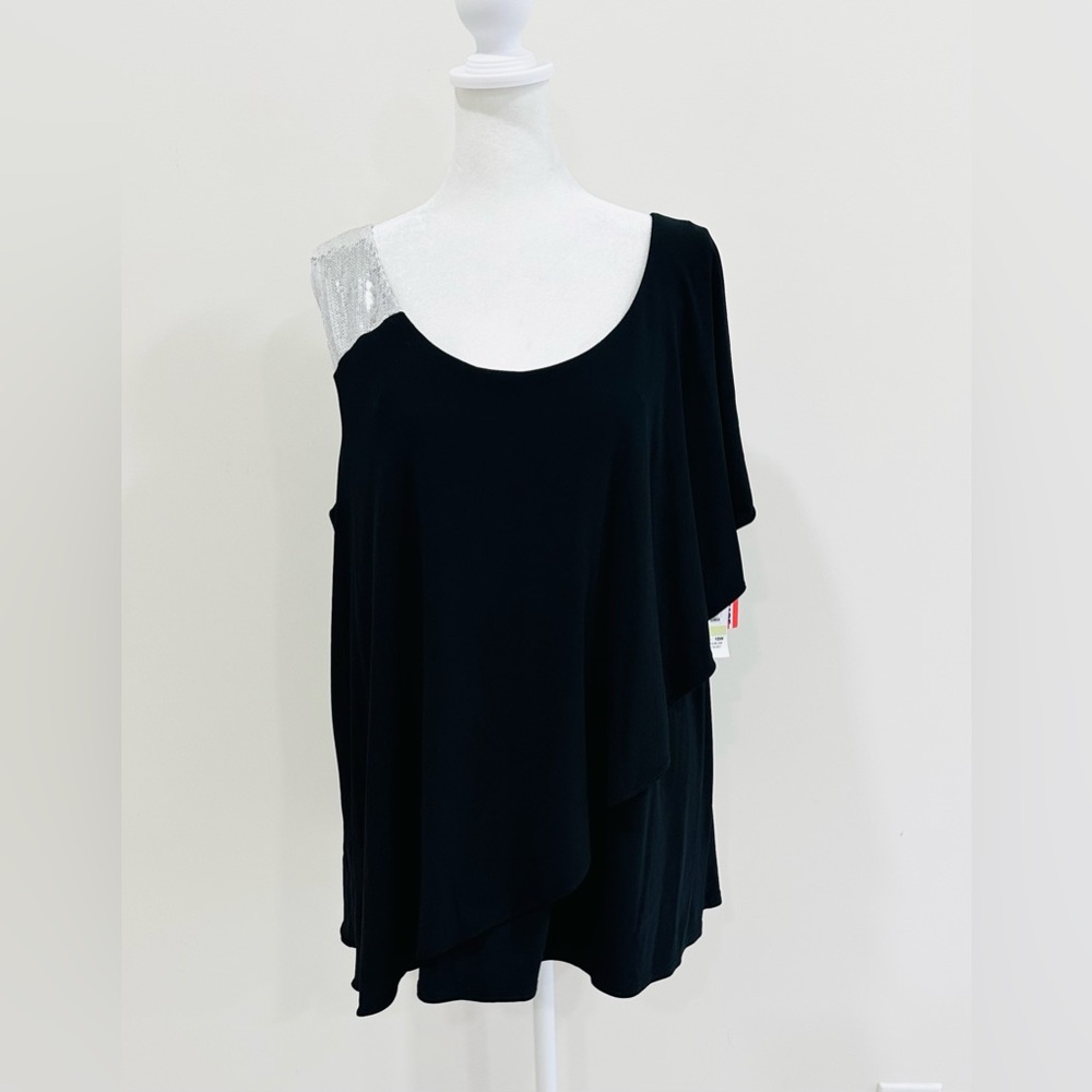 Nightway Women’s Cocktail Asymmetrical Blouse Black With Silver‎ Sequins Size 18